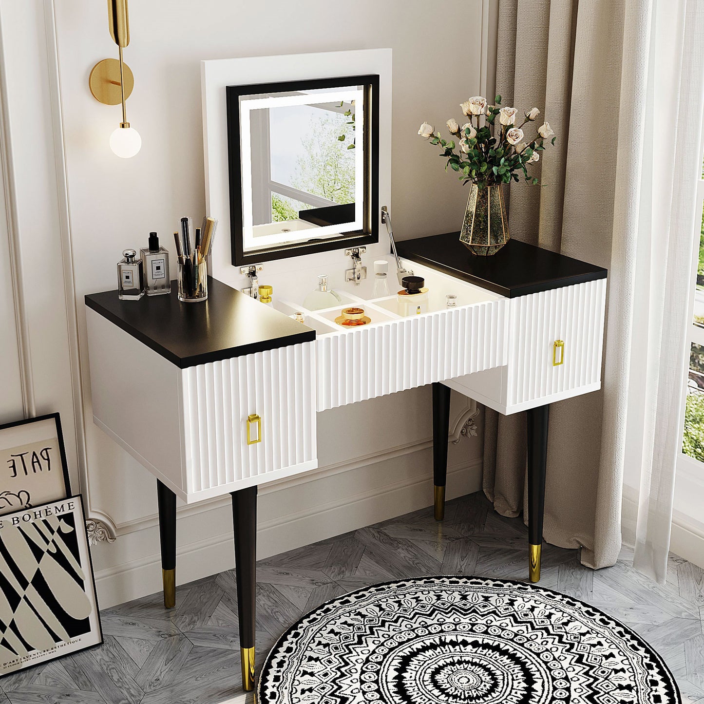 Marble Glow Makeup Vanities Table Set -   White and Black