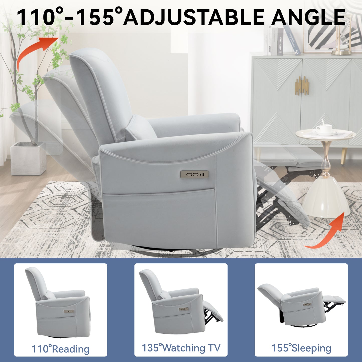 Spencer Swivel and Rocker Power Recliner Chair - White