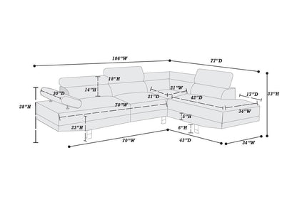 Akira Sectional Sofa Adjustable Headrest - White