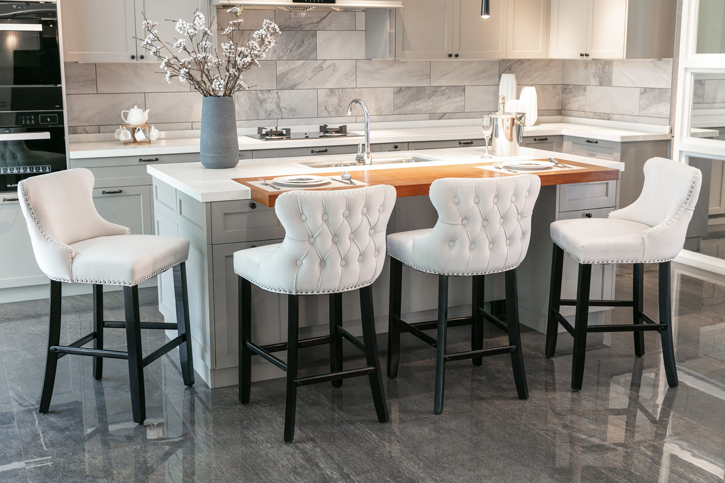 Family  Velvet Upholstered Wing-Back Bar Stools - Beige Set of 4