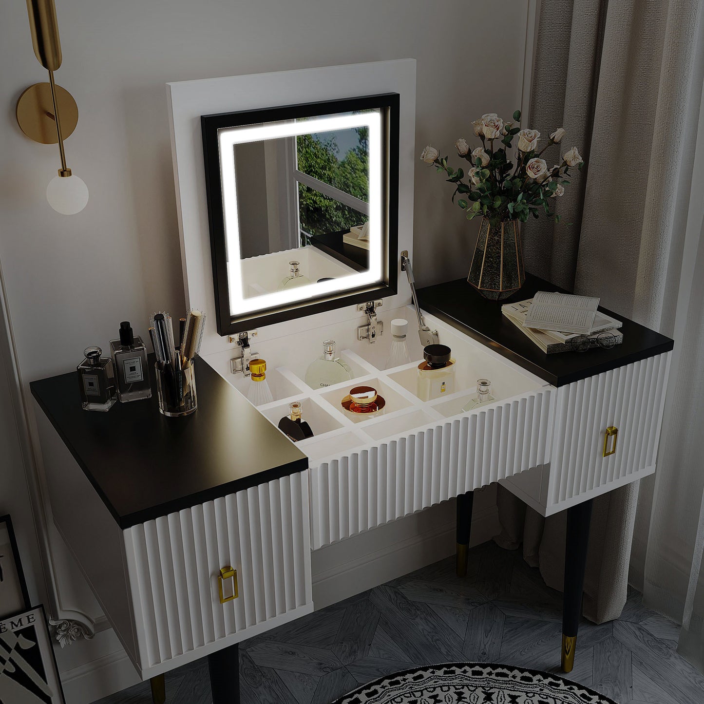 Marble Glow Makeup Vanities Table Set -   White and Black