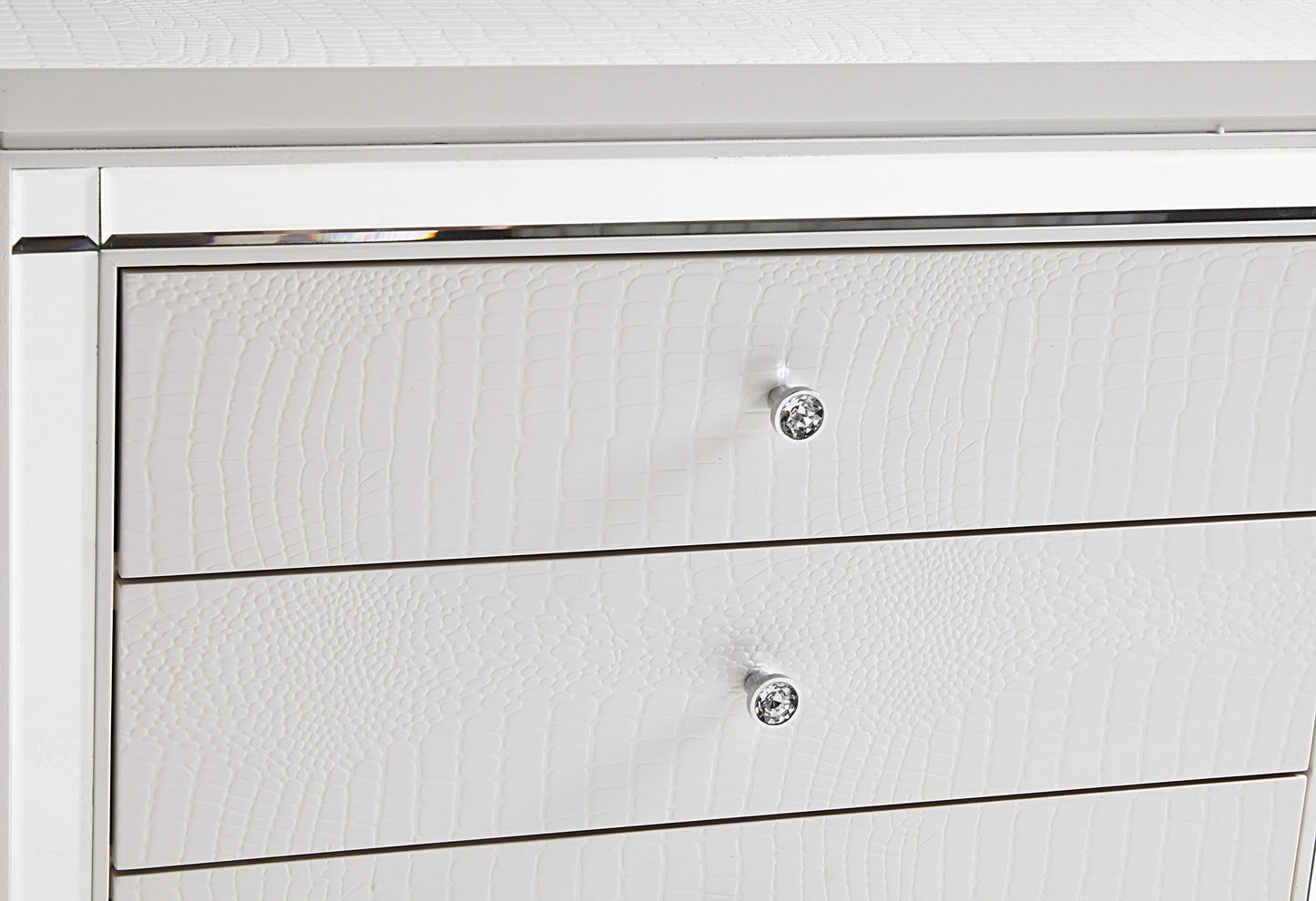 Ken II Glamorous Metallic Nightstand of 3x Drawers  Faux Alligator Embossed Front - White