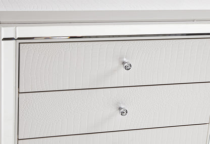 Ken II Glamorous Metallic Nightstand of 3x Drawers  Faux Alligator Embossed Front - White