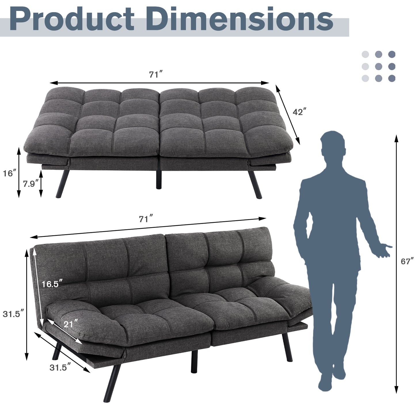 Futon Convertible Sofa Bed - Gray