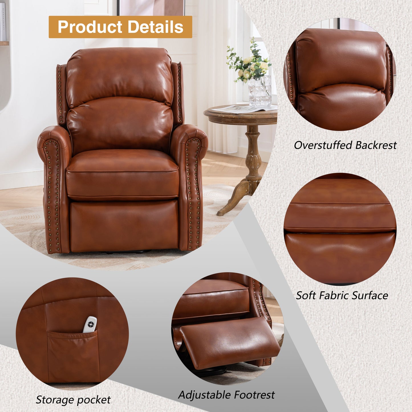 Emery Electric Power Recliner Chair - Caramel