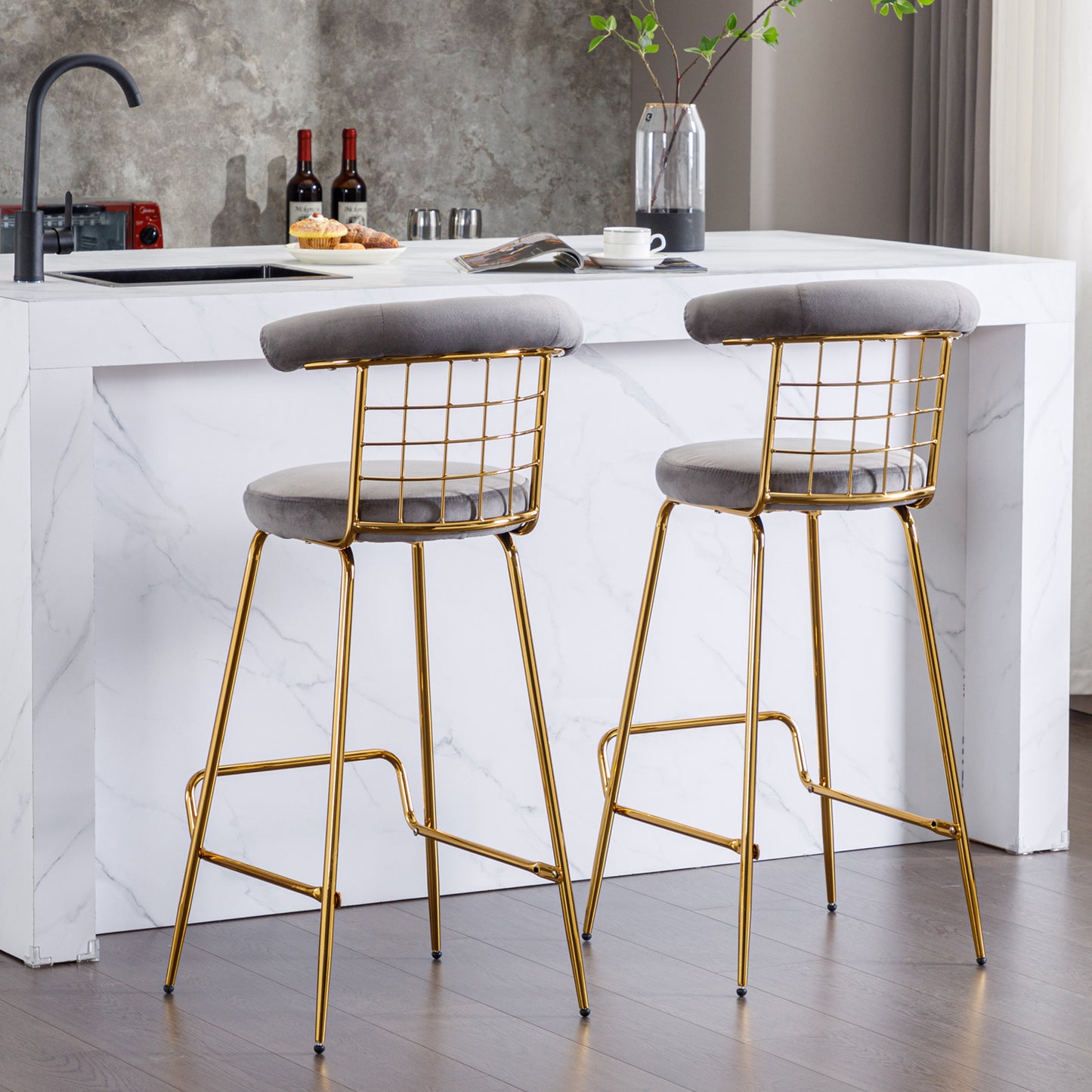 Retro Luxury Velvet  High Bar Stool  - Gray Set of 2