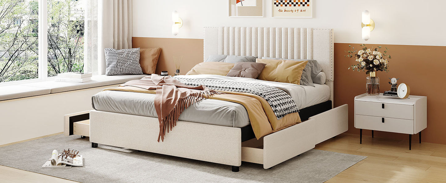 Novy Queen Size Platform Bed with Twin XL Size Trundle - Beige