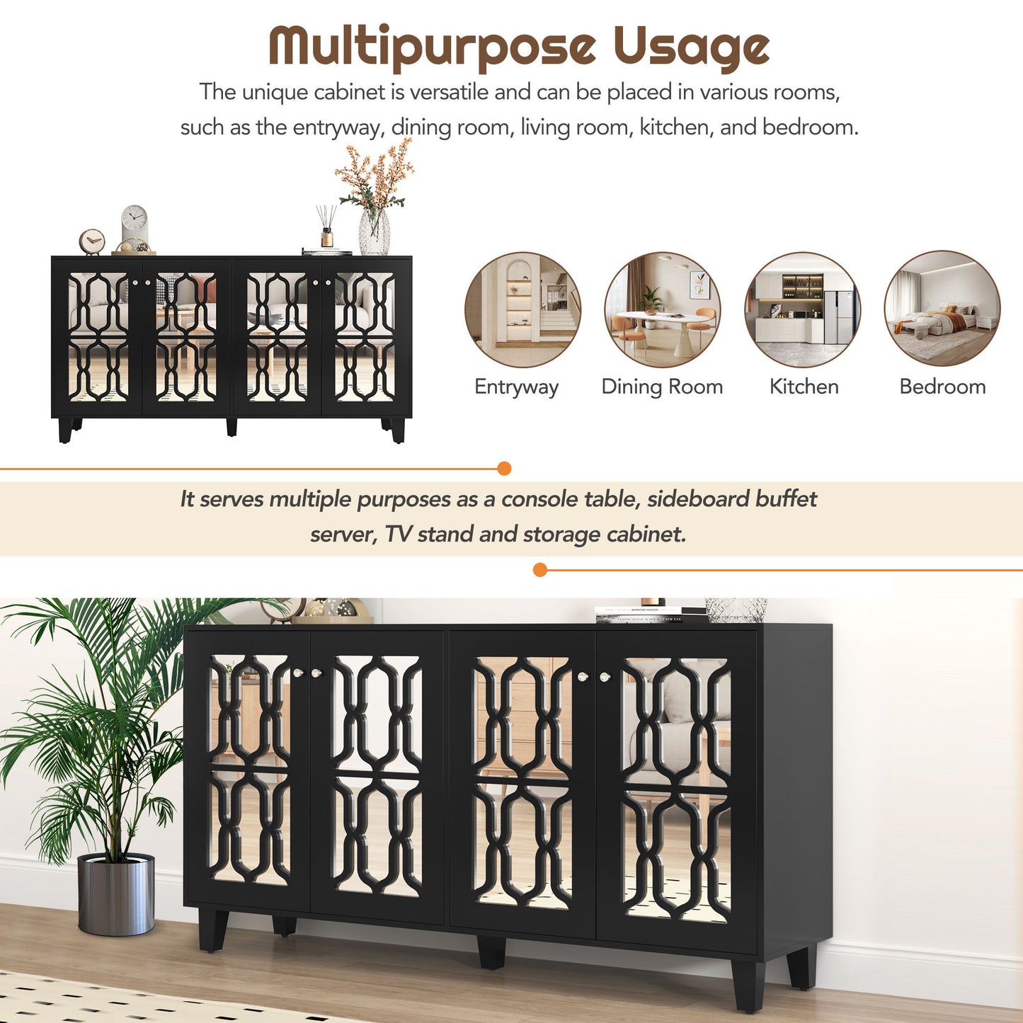 Hynes 4-Door Mirror Buffet Cabinet - Black