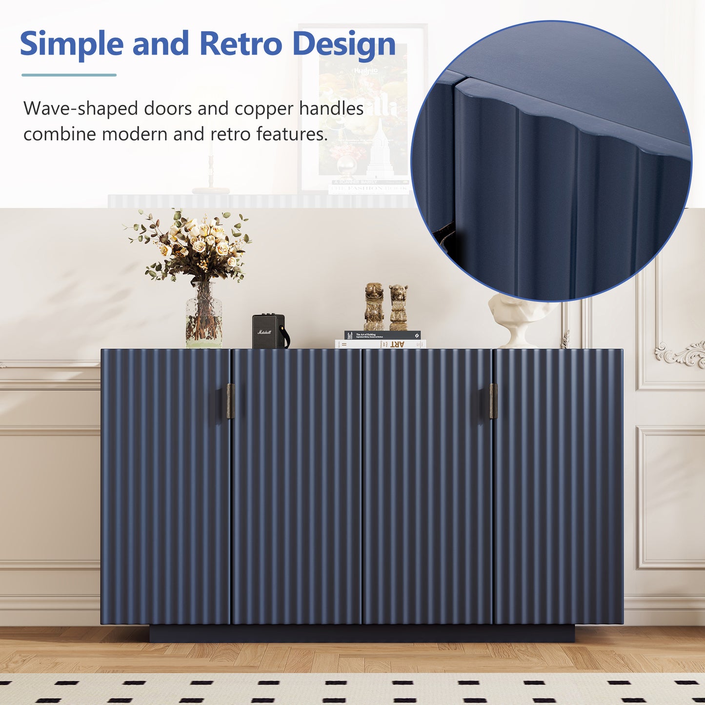 Lyons 4 Wavy Doors Ample Storage Space Sideboar - Navy Blue