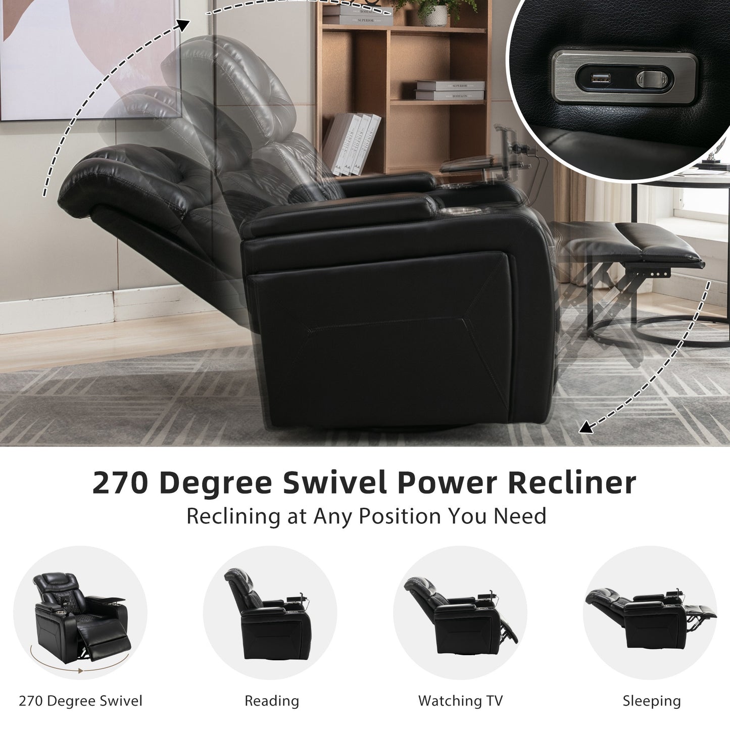 Comfort Max 270 Degree Swivel Power Recliner - Black