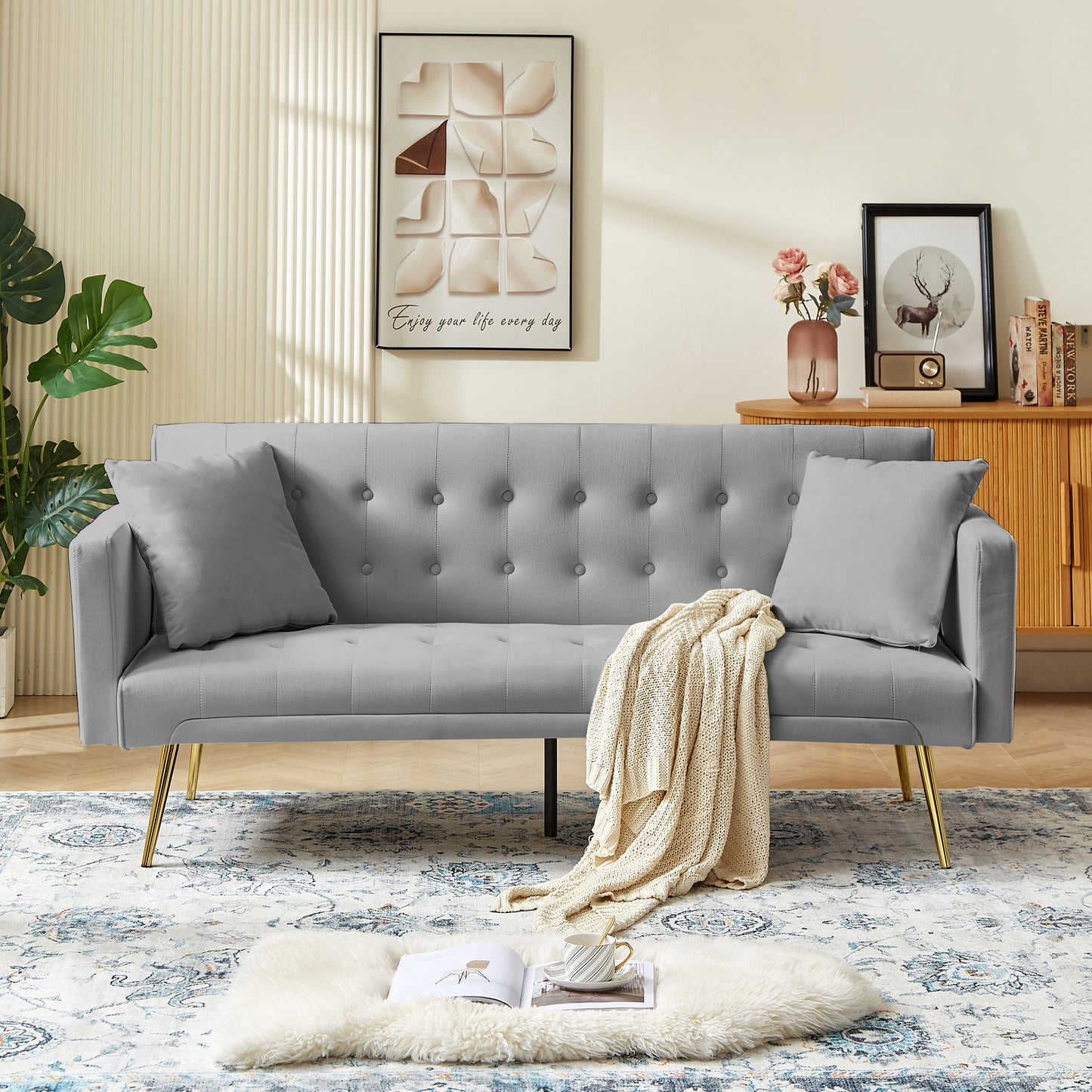 NX Convertible Velvet Sofa Bed with Metal Leg - Grey