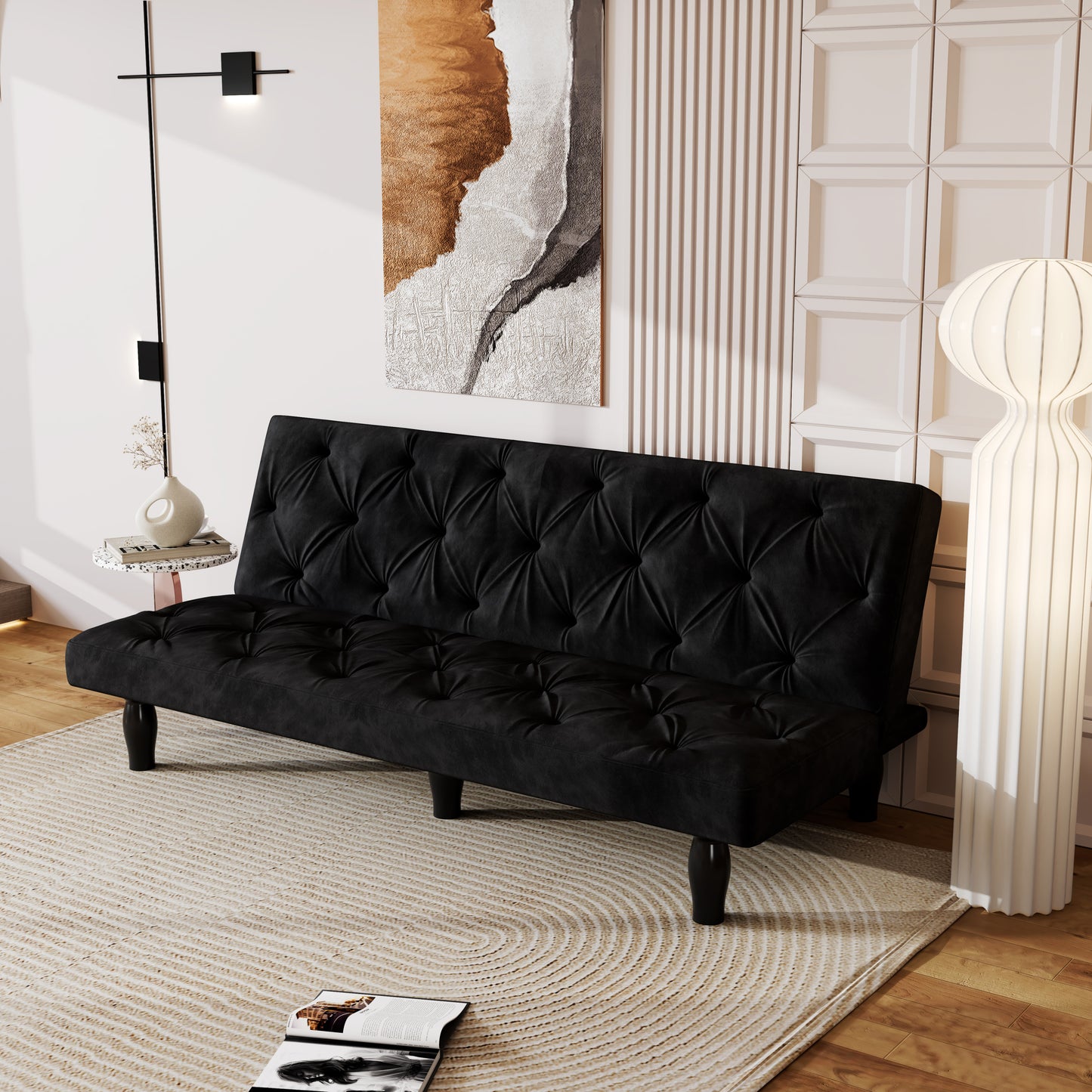 Giza Convertible Velvet Sofa Bed - Green - Matt Black