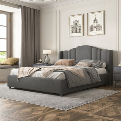 Mali Queen Size Platform Bed with Wingback Headboard - Gray