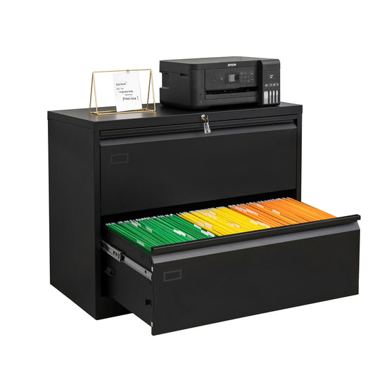 Metal Steel 2 Drawer Lateral Filing Cabinet - Black