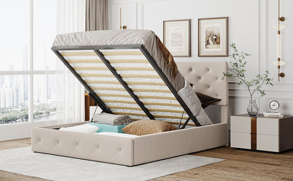Cipher Queen Size Storage Platform Bed w Hydraulic System - Beige