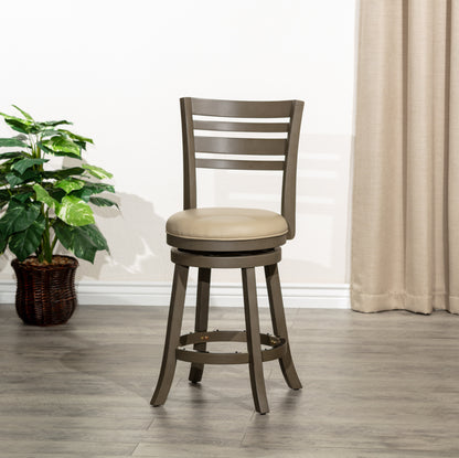 Counter Height Slat Back Swivel Stool, Weathered Gray Finish, French Gray Leather Seat