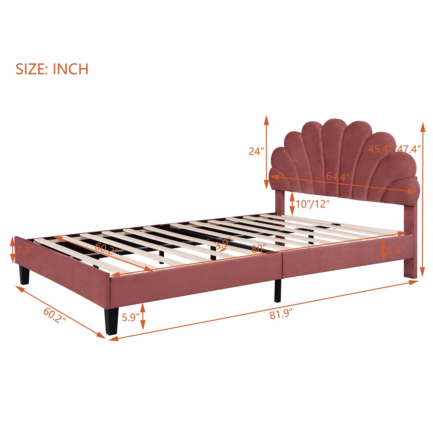 Floral Bliss Queen Size Velvet Platform Bed Frame - Red
