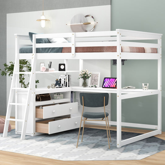 ElevateMax Full Size Loft Bed with Desk and Storage, in Elegant White