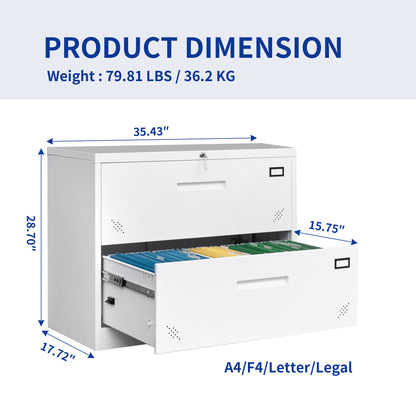 Metal Steel 2 Drawer Lateral Filing Cabinet - White