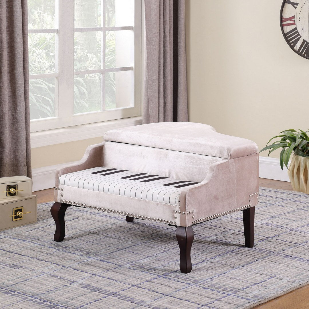 Piano Silver Nailheads Storage Ottoman  - Beige