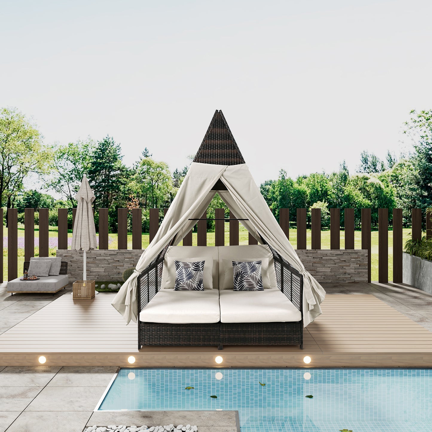 Soria Daybed Patio Lounge Bed with Curtains - Beige