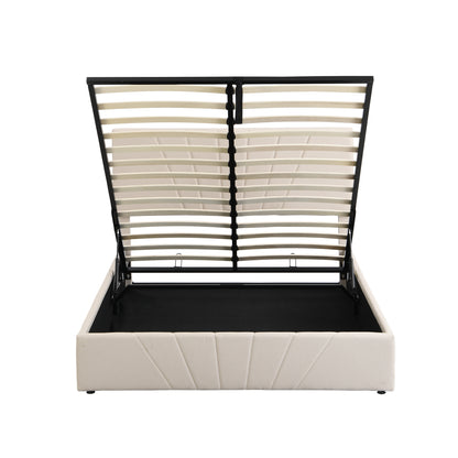 Regal Restful Retreat - Beige Upholstered Platform Bed with Hydraulic Storage