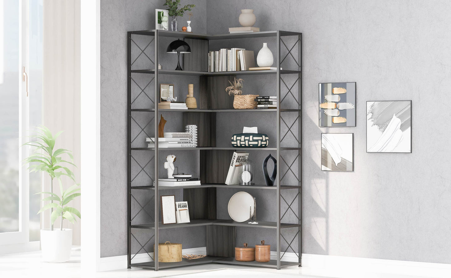 L-Shaped Corner Bookcase - Silver+Grey