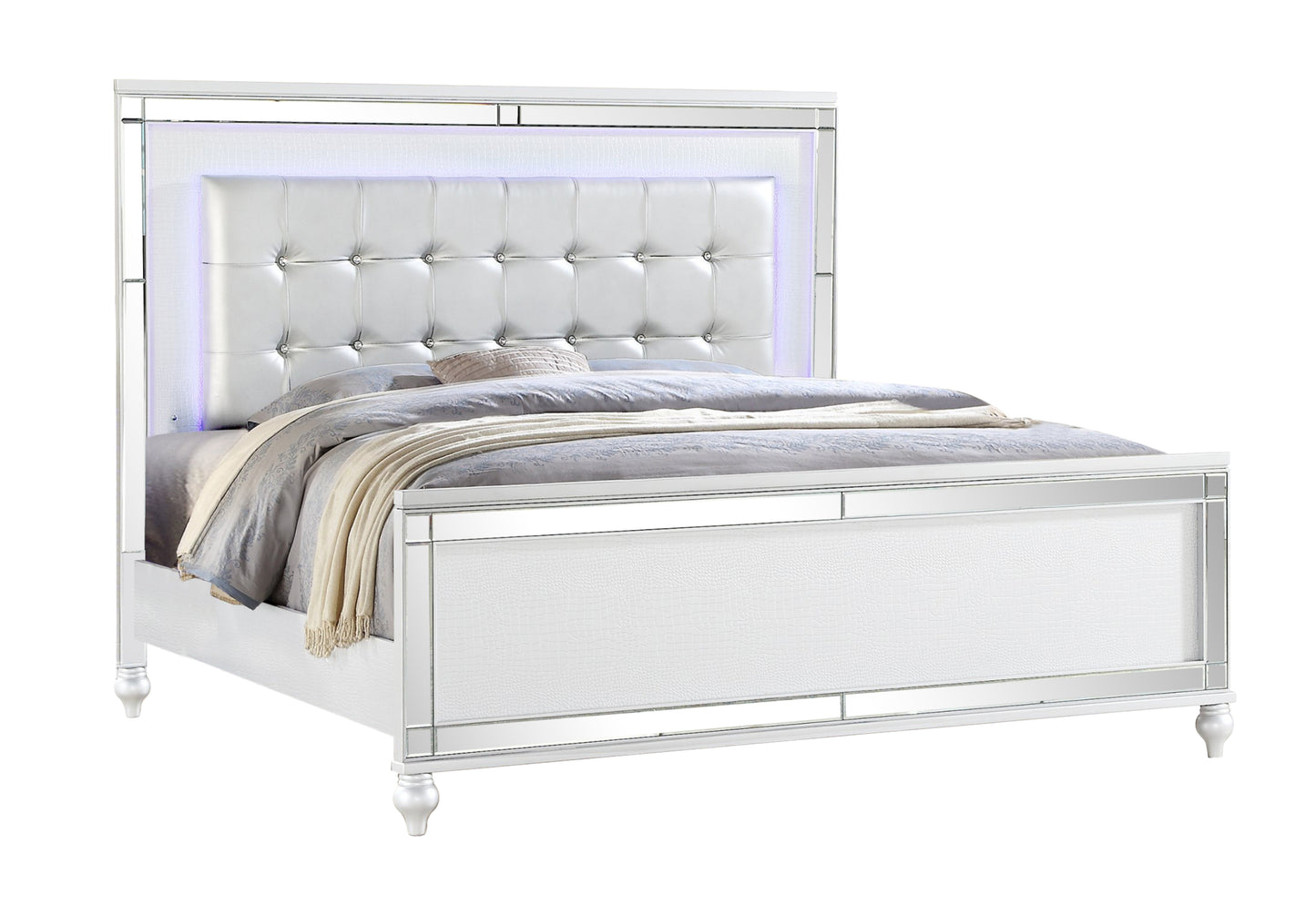 Galaxy King Size Upholstered LED Bed - White