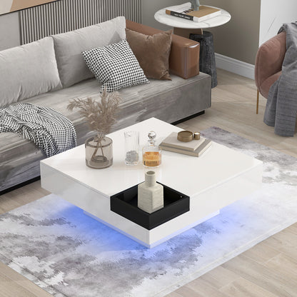 Square Coffee Table with Detachable Tray and LED Lights - White