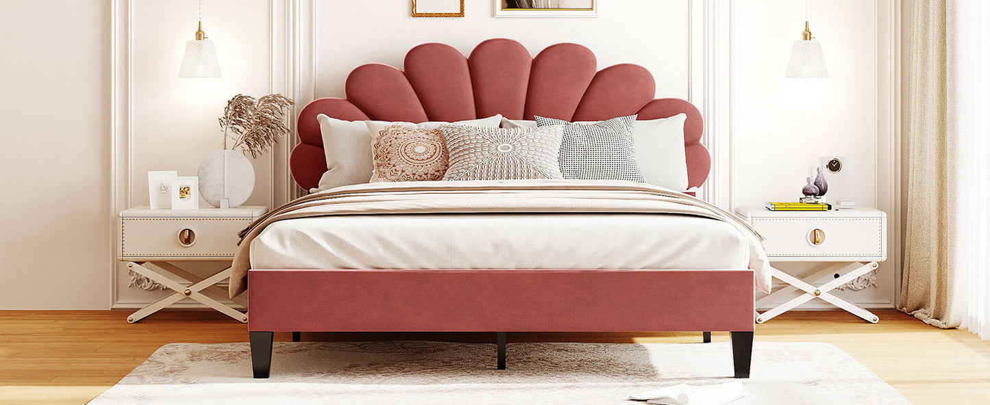 Floral Bliss Queen Size Velvet Platform Bed Frame - Red
