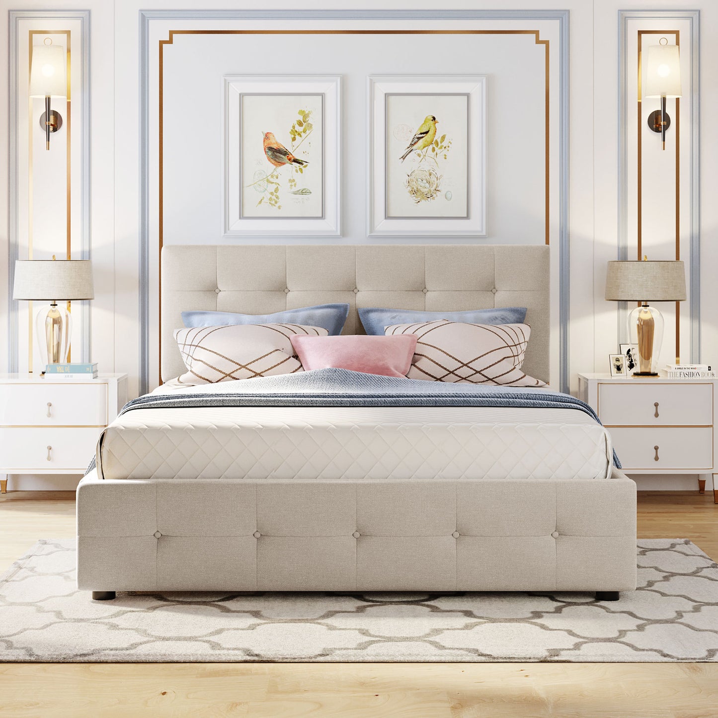 Draco Queen Size Platform Bed with 2 Drawers - Beige