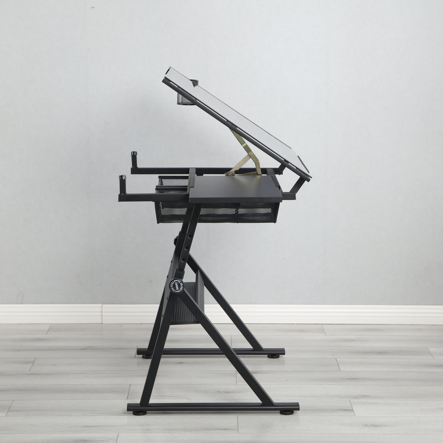 Adjustable tempered glass drafting printing table with chair