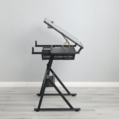 Adjustable tempered glass drafting printing table with chair