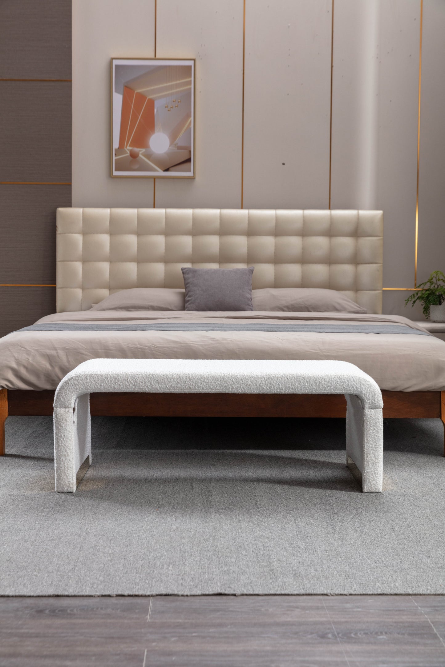 Boucle Fabric Ottoman - White