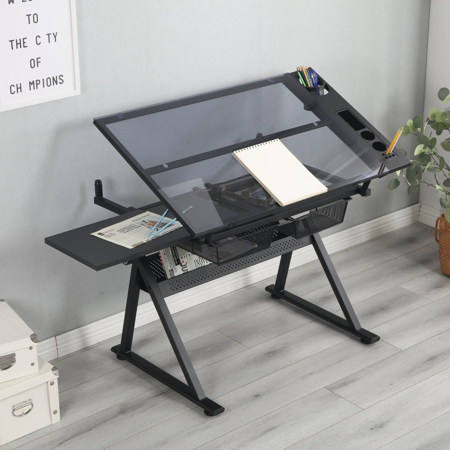 Adjustable tempered glass drafting printing table with chair