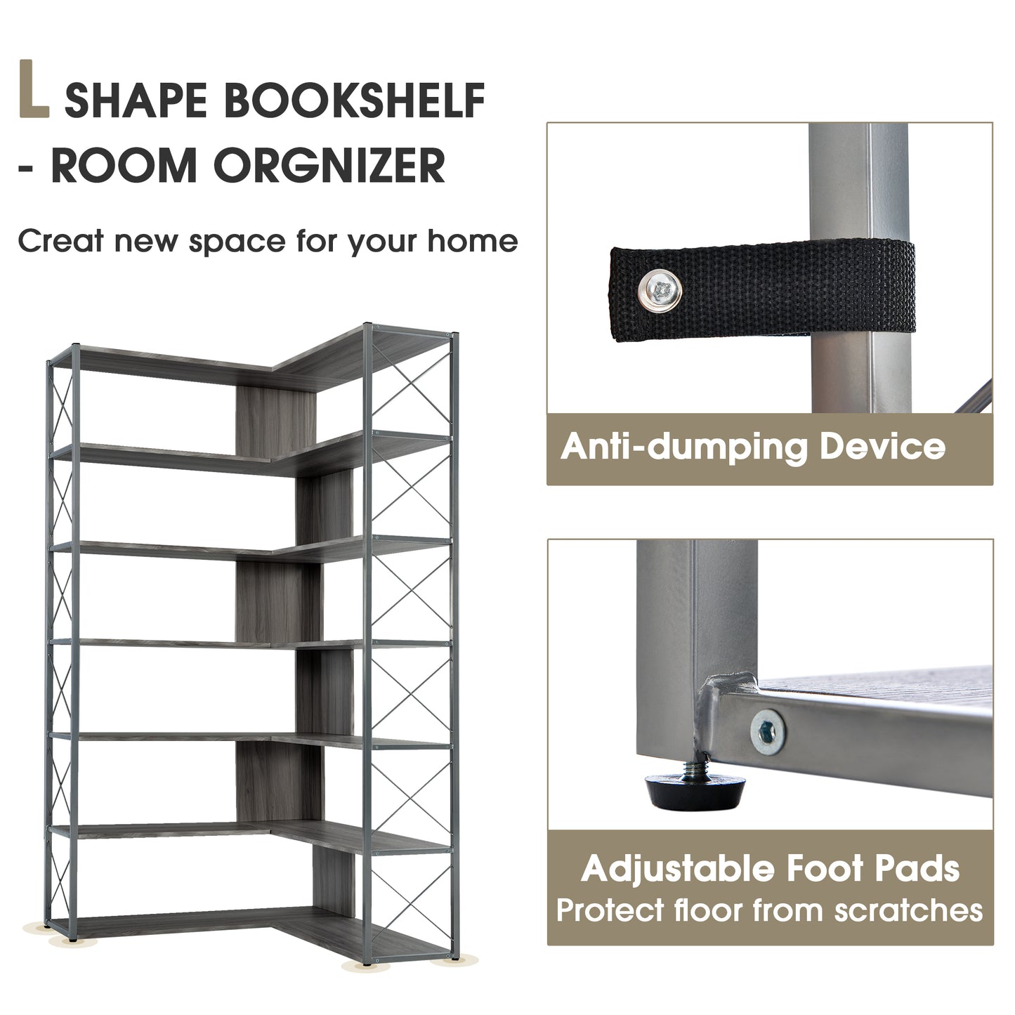 L-Shaped Corner Bookcase - Silver+Grey