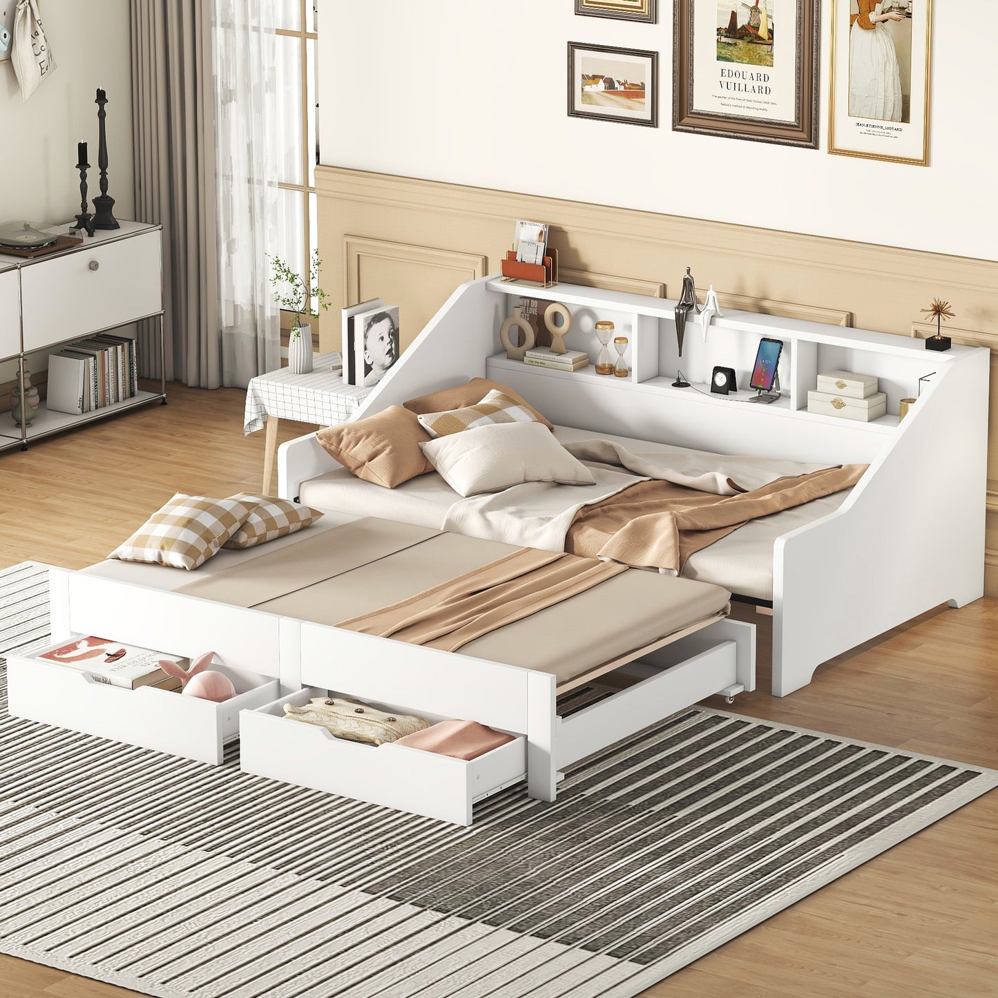 Zion Twin to King Size Daybed  with Storage Bookcases - White
