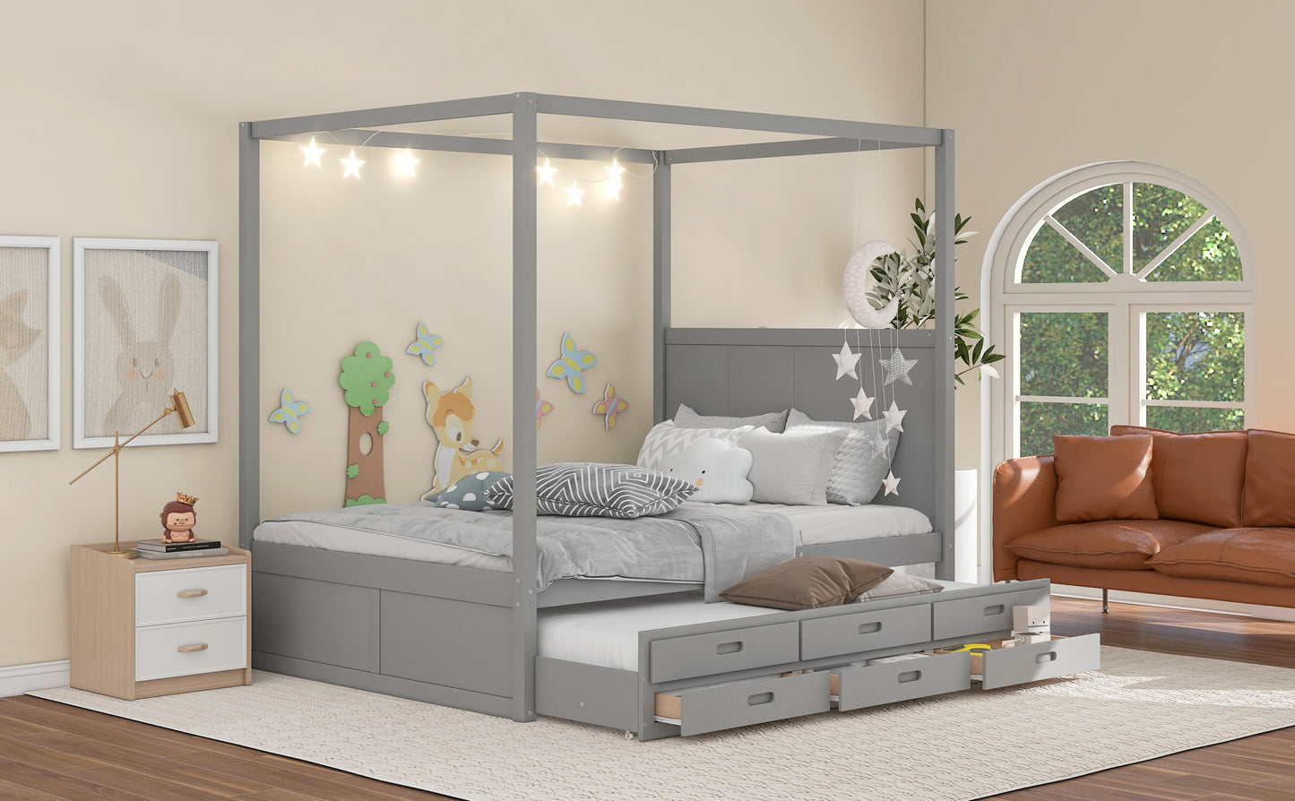 Elegant Haven Canopy Bed with Trundle and Storage, Gray