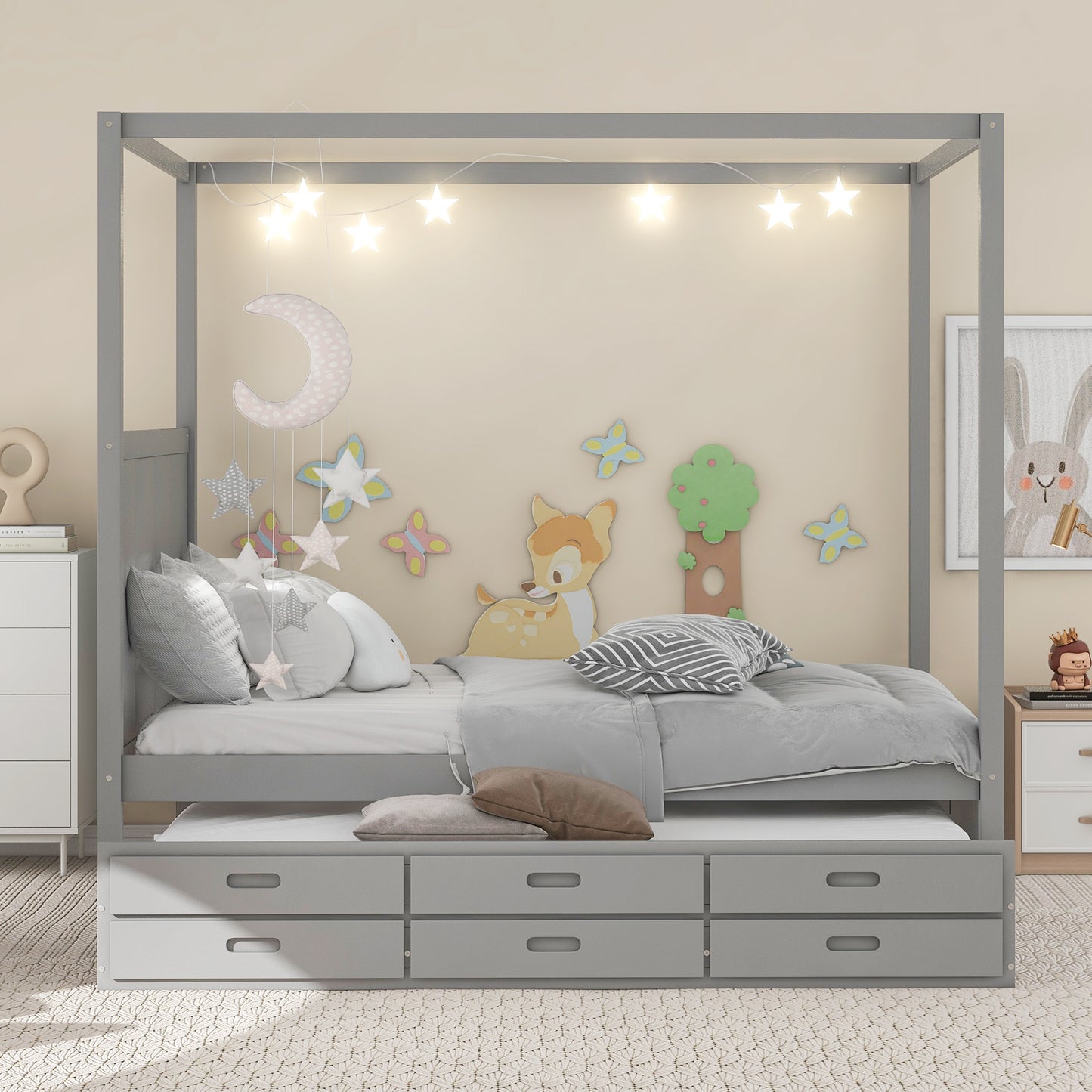 Elegant Haven Canopy Bed with Trundle and Storage, Gray