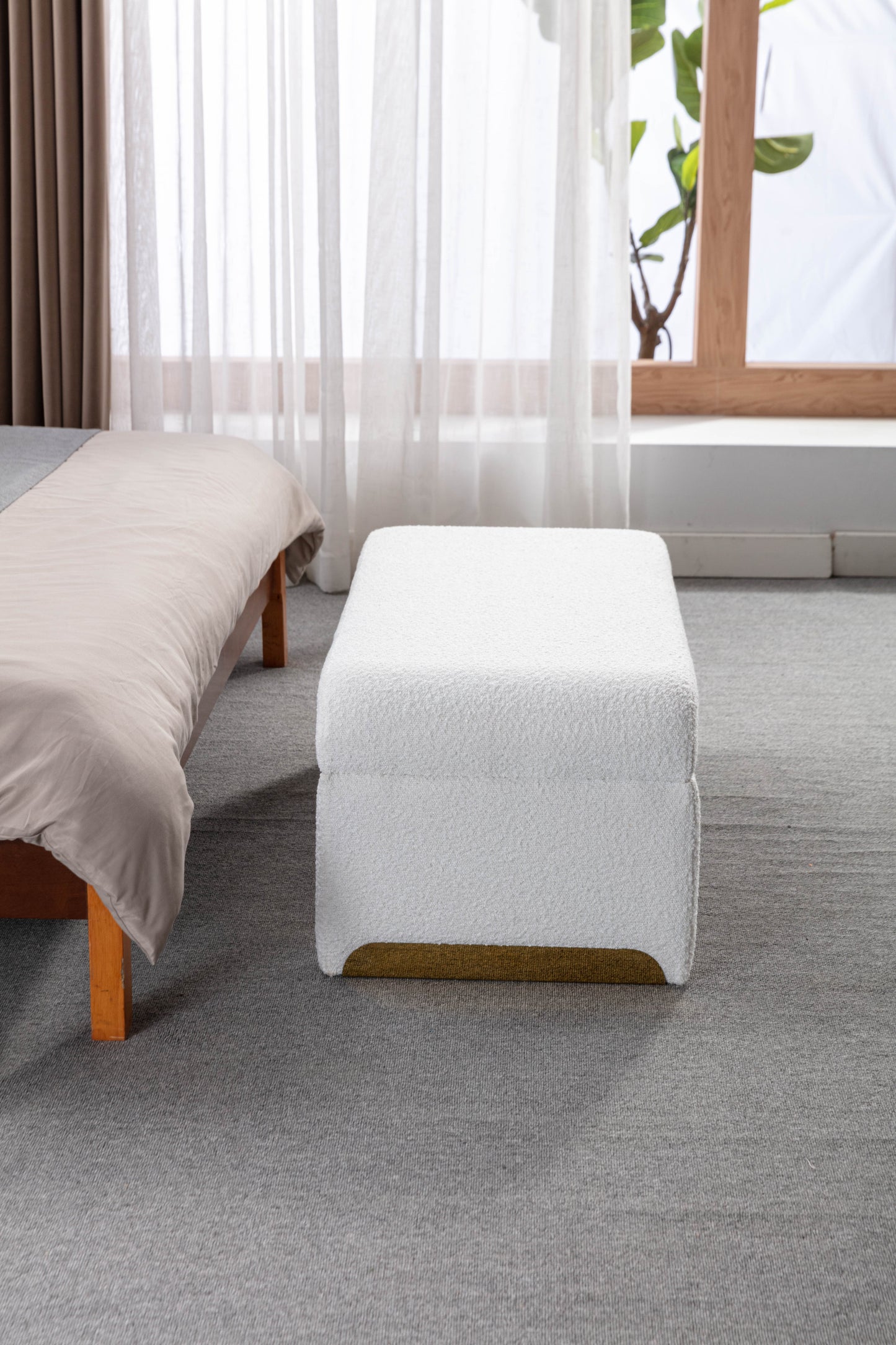 Boucle Fabric Ottoman - White