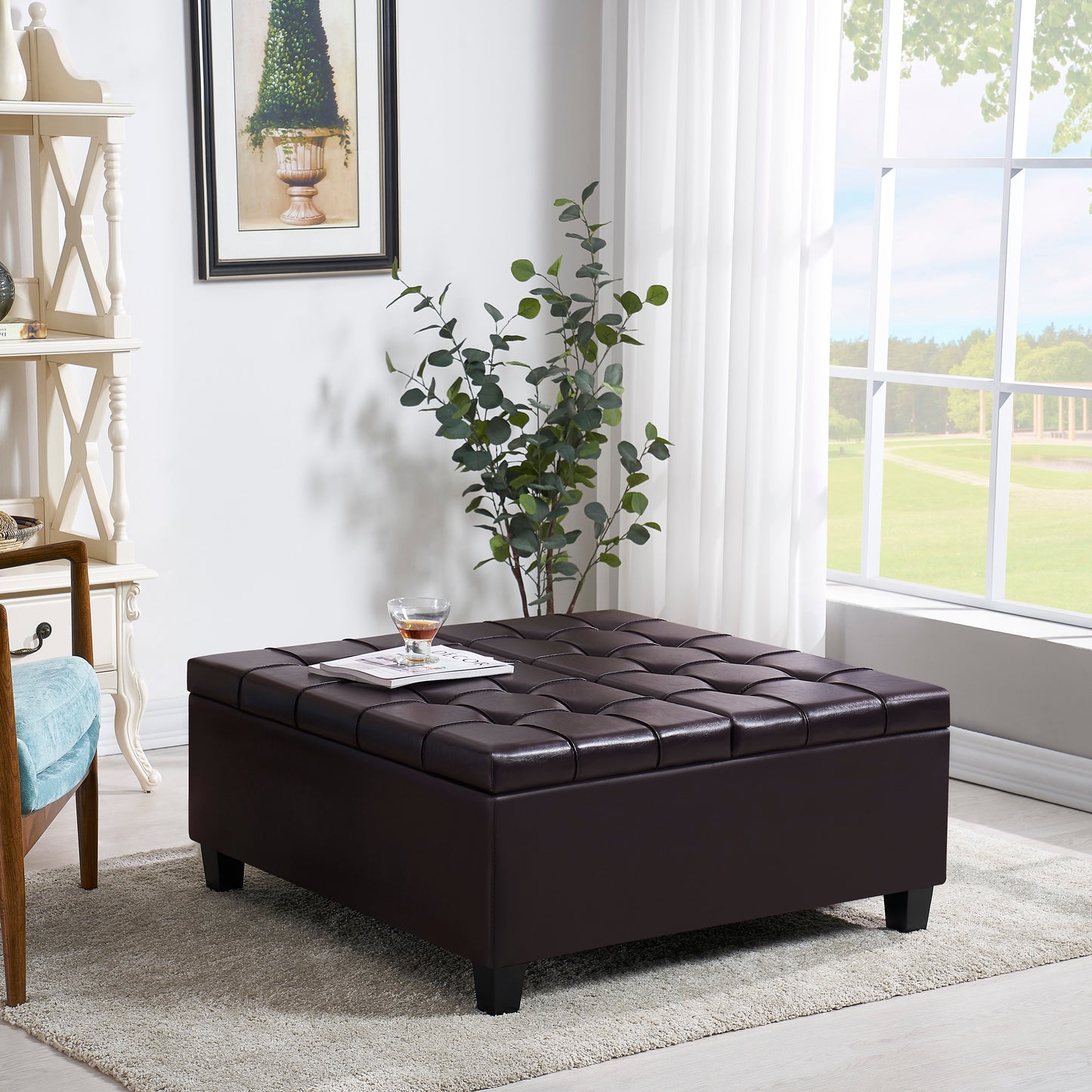 Square Faux Leather Storage Ottoman - Dark Brown