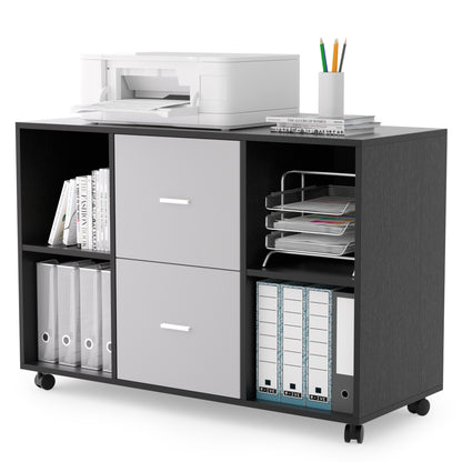 Mobile Wood File Cabinet 2-Drawer 4 open storage - Light Grey
