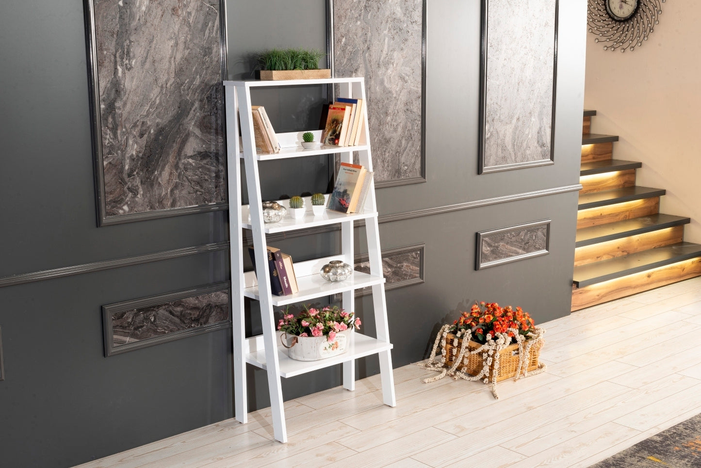 Otavio 5 Tier Modern Ladder Bookshelf - White