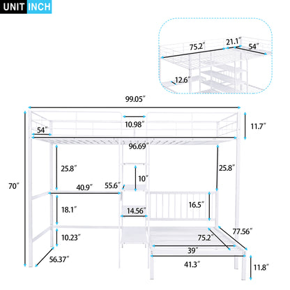 Harmony Haven Twin Loft Bed with Integrated Desk, Storage, and Staircase, Snow White