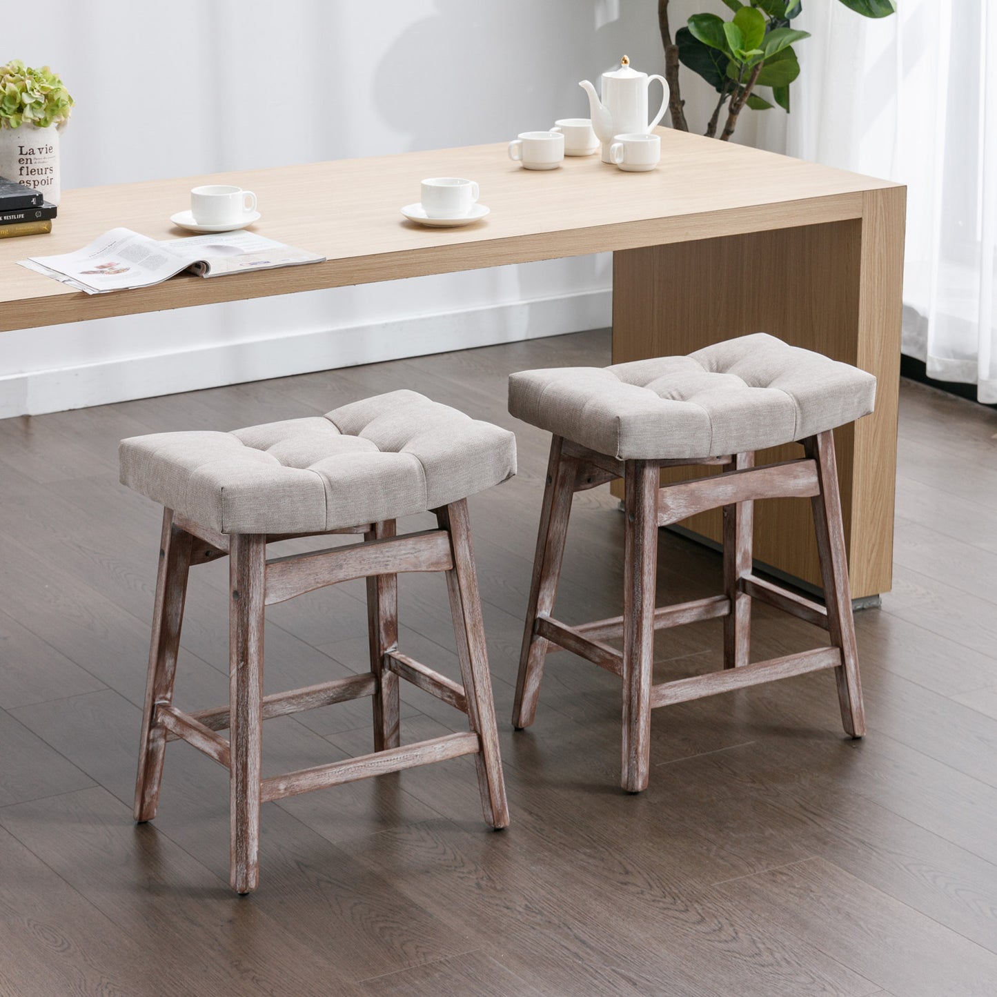 Farmhouse Counter Stools Height 25" -  Beige Set of 2