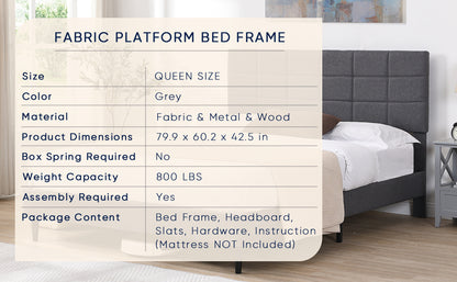Elegant Queen Size Platform Bed Frame - Gray