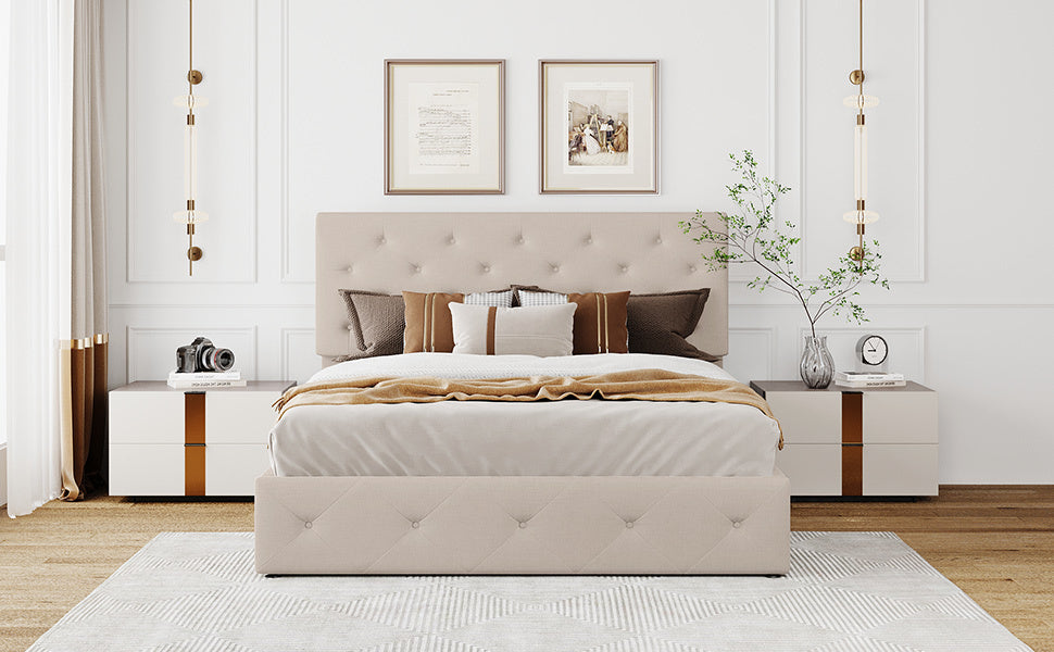 Cipher Queen Size Storage Platform Bed w Hydraulic System - Beige