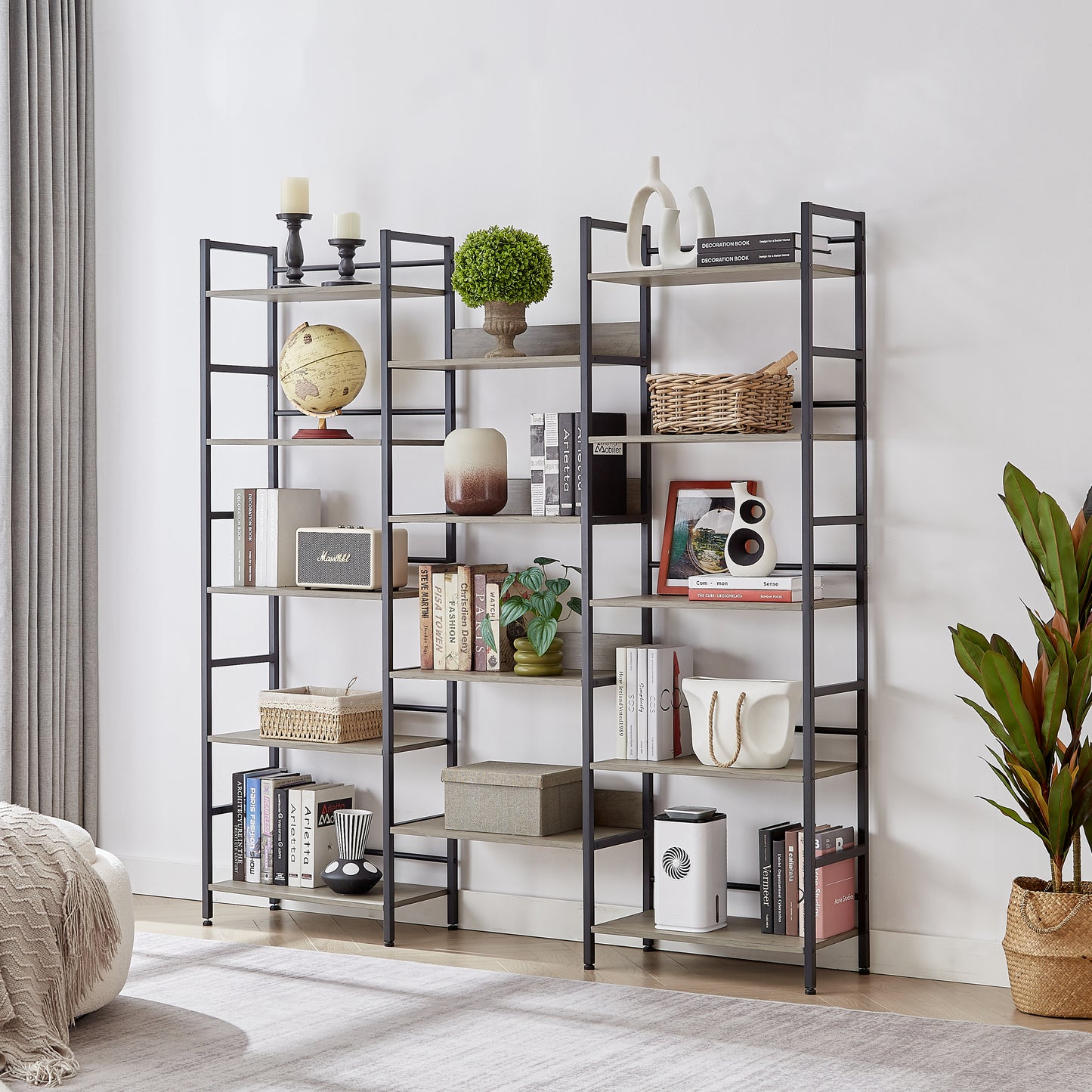 Triple Wide 5-shelf Bookshelves Industrial Retro Wooden Style - Grey