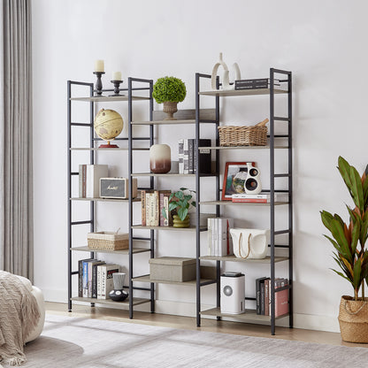 Triple Wide 5-shelf Bookshelves Industrial Retro Wooden Style - Grey