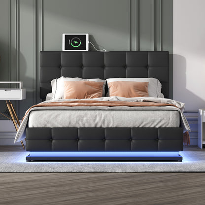 Luxury Dream Queen Bed with Smart Storage and LED Illumination - Black